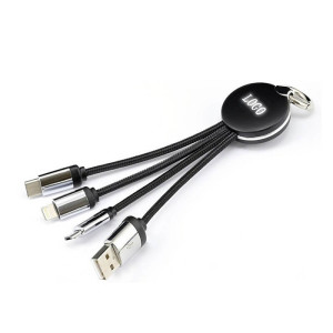 3 in 1 NETZKABEL MIT LED-LOGO, USB AUF MICRO-USB, LIGHTNING, USB TYPE-C - Reklamnepredmety