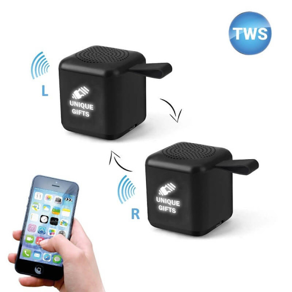 SET 2 STK. MINI CUBE BLUETOOTH-LAUTSPRECHER MIT TWS-FUNKTION UND LED-LOGO