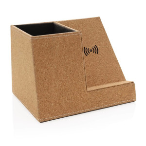 Kork Stiftehalter mit 5W Wireless Charger, braun - Reklamnepredmety