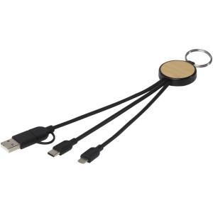 6-in-1-Ladekabel aus recyceltem Kunststoff/Bambus mit Tecta-Schlüsselring - Reklamnepredmety