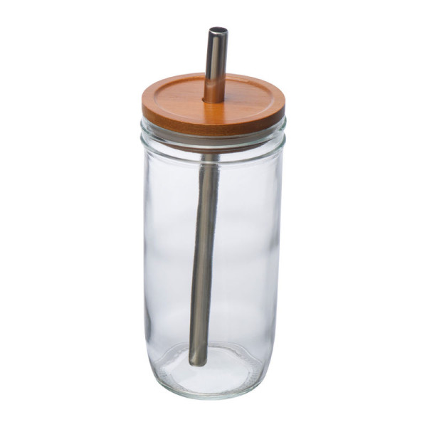 Trinkbecher mit Bambusdeckel und Strohhalm