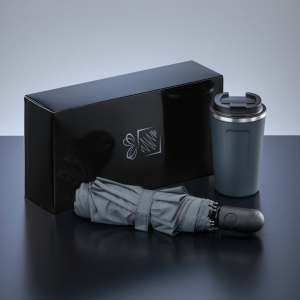 REISE-SET: THERMO-BECHER NORDIC 350 ML & VOLLAUTOMATISCHER REGENSCHIRM - Reklamnepredmety