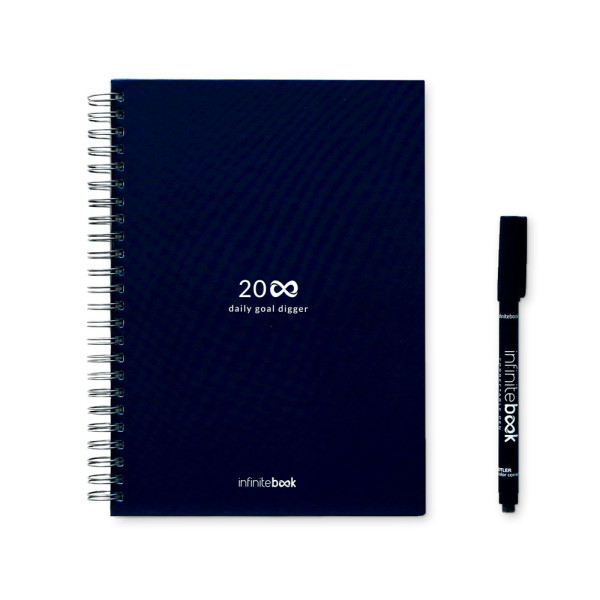 STARTER KIT INFINITE PLANNER A5. Das Set enthält ein „Infinite Diary“ im A5-Format, ein Reinigungsset, einen Marker und einen Markerhalter