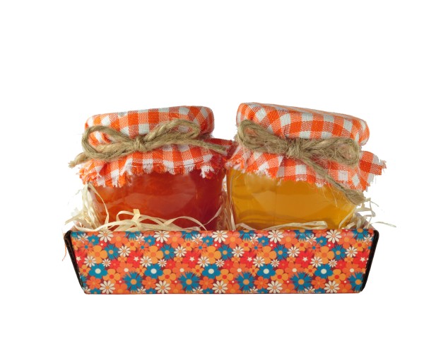 Geschenktablett mit Honig und Marmelade