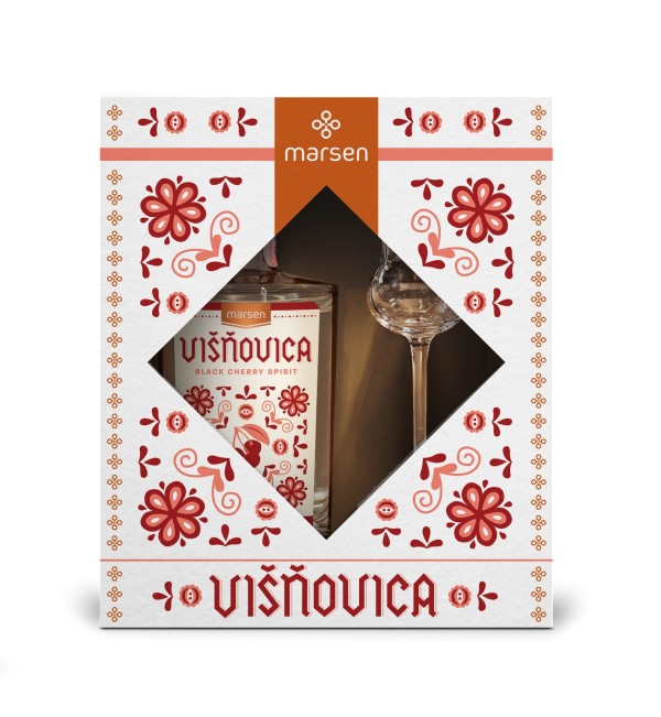 Geschenkverpackung Višňovica Traditional 42% mit einem Glas