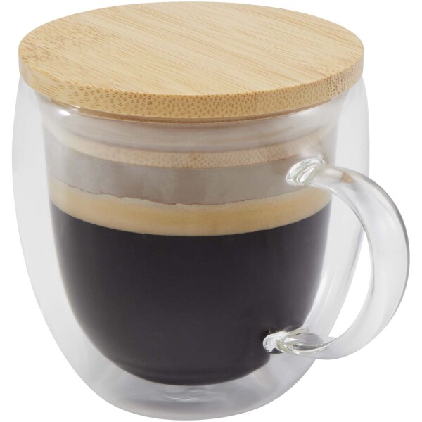 Sklenený hrnček Lenora s objemom 250 ml a bambusovým viečkom