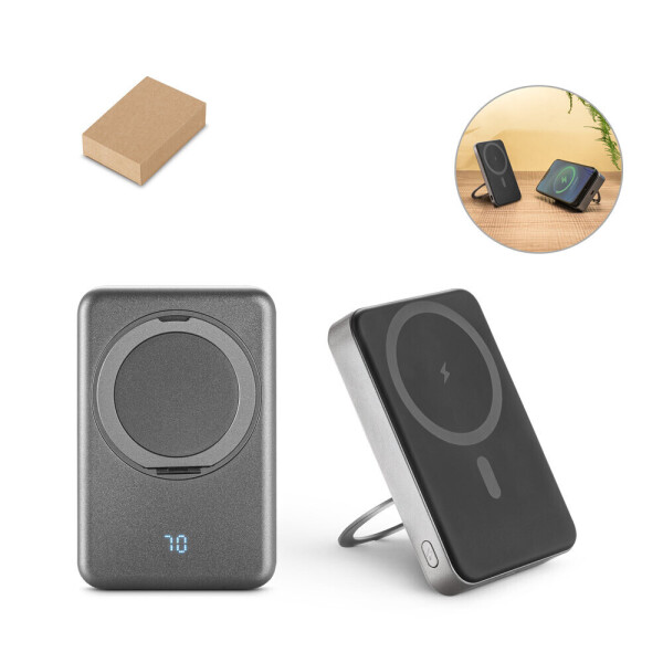 WARSHEL 10. Magnetische Powerbank mit 10.000 mAh Kapazität, 15-W-Schnellladefunktion (kabellos), hergestellt aus recyceltem ABS (100 % rABS) und mit Ständer.
