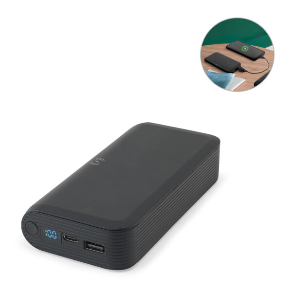 BECKER 20. 20.000 mAh Powerbank aus recyceltem ABS (100 % rABS) mit 15-W-Schnellladefunktion (kabellos).