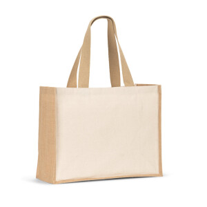 HELSINQUE. Tasche aus Canvas (320 g/m²), mit Boden und Seiten aus laminierter Jute (350 g/m²) in Naturtönen - Reklamnepredmety