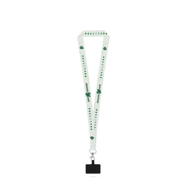 EPSOM. Lanyard aus receyceltem Polyester (100%rPET) mit Karabiner, Schicherheitsverschluss und Handyhalter, geeignet für Sublimation