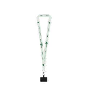 EPSOM. Lanyard aus receyceltem Polyester (100%rPET) mit Karabiner, Schicherheitsverschluss und Handyhalter, geeignet für Sublimation - Reklamnepredmety