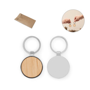 GASTON ROUND. Schlüsselanhänger aus Eisen in runder Form aus Zink und Bambu - Reklamnepredmety