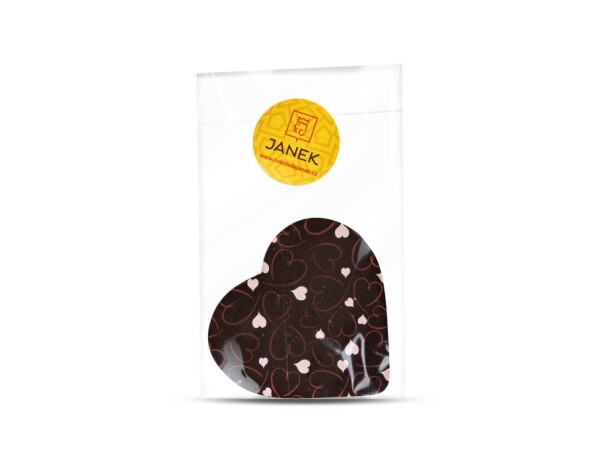 Herz aus dunkler Schokolade mit Aufdruck zum Valentinstag