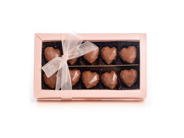 Rosa Schachtel mit 10 Stück Bean-to-Bar-Pralinen von Herzen
