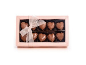 Rosa Schachtel mit 10 Stück Bean-to-Bar-Pralinen von Herzen - Reklamnepredmety