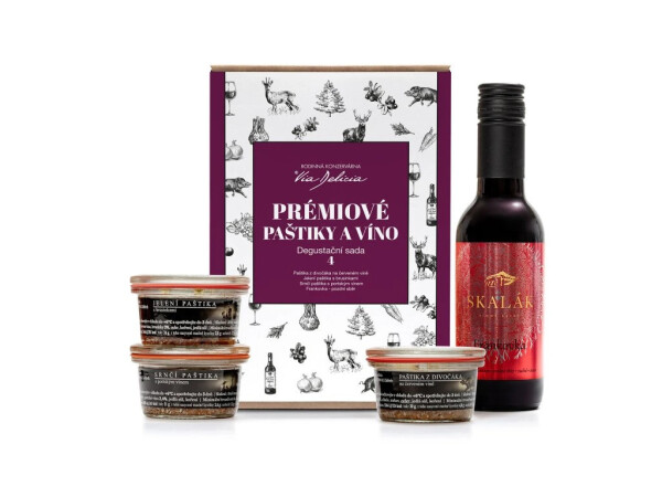 Premium-Pasteten und Wein – Verkostungsset mit 4 Sorten (Hirsch, Wildschwein, Reh, Blaue Frankovka)