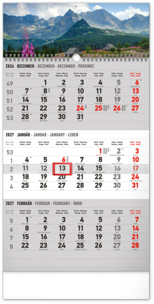 NOTIQUE Wandkalender 3 Monate, Landhausstil, grau - mit slowakischen Namen, 2027, 29,5 x 43 cm