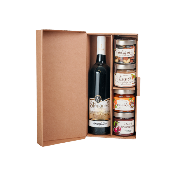 Geschenkset – Rotwein, Aprikosenmarmelade, Kirsch-Schokoladencreme, Wildschweinpastete und Nussleckerei