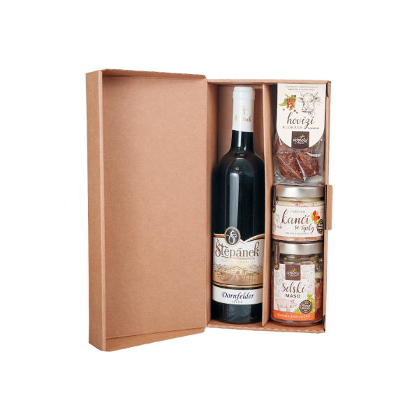Geschenkset – Rotwein, Fleisch vom Bauernhof, Wildschweinpastete mit Hagebutten und Rinderwurst mit schwarzem Pfeffer