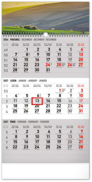 NOTIQUE Wandkalender 3 Monate, Landhausstil, grau - mit tschechischen Namen, CZ 2027, 29,5 x 43 cm