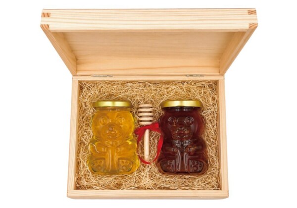 Geschenkset – Honigteddybär mit Honigtau in einer Holzbox