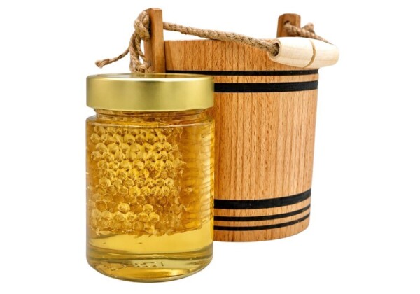 Geschenkset – Honigwaben in Akazienhonig im Holzeimer