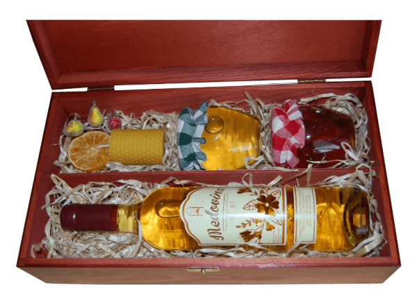 Satz Met + Honig + getrocknete Preiselbeeren in Honig in einer hölzernen Burgunderbox