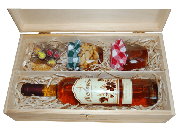 Set Met + Honig + getrocknete Preiselbeeren in Honig in einer Holzkiste Natur