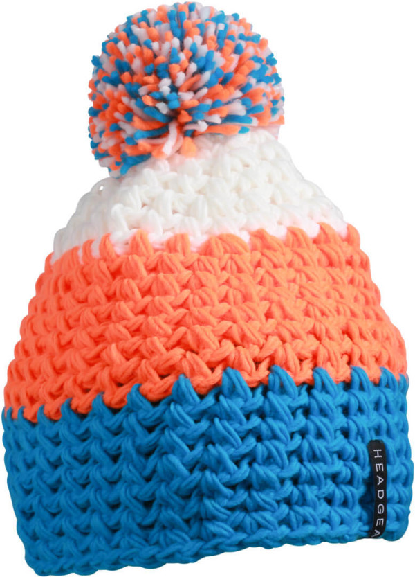 3-farbige Häkelmütze mit Pompon