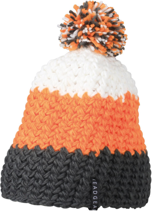 3-farbige Häkelmütze mit Pompon