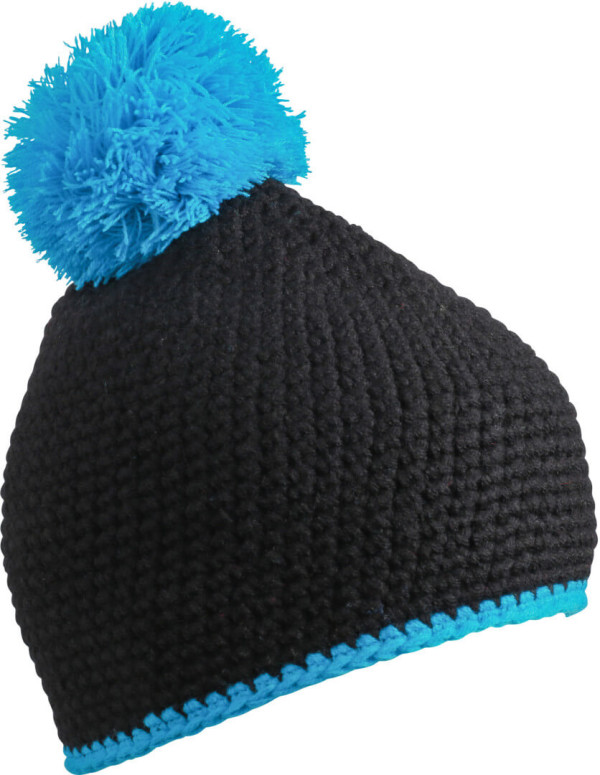 Häkelmütze mit Kontrastrand und Pompon