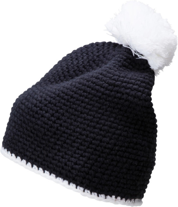 Häkelmütze mit Kontrastrand und Pompon