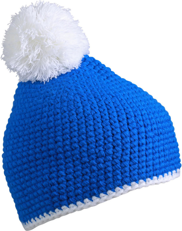 Häkelmütze mit Kontrastrand und Pompon